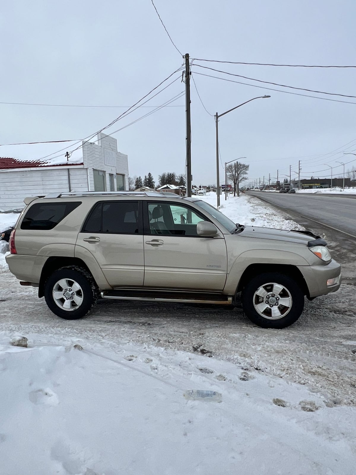 2003 Toyota 4RUNNER LIMITED V8 4WD Gold side exterior view with alloy wheels, photographed in winter setting.