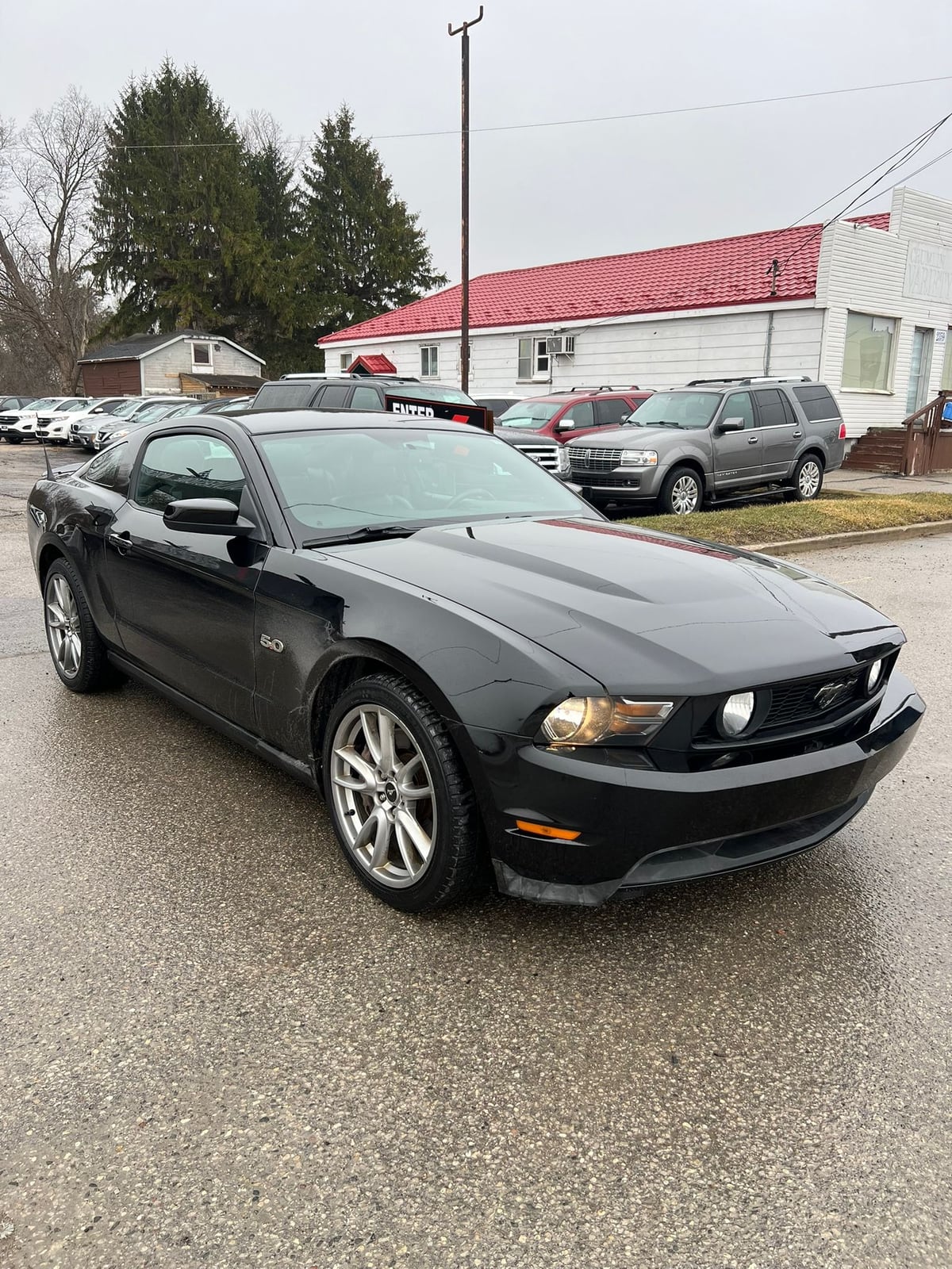 2012 Ford MUSTANG GT 5.0L COUPE 2DR BLACK front three-quarter exterior view with silver alloy wheels at dealership lot.