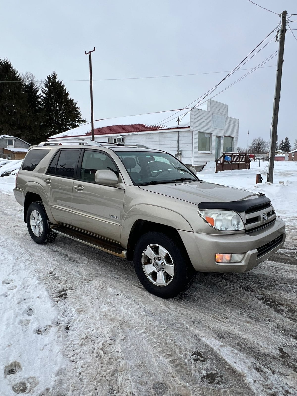 2003 Toyota 4RUNNER LIMITED V8 4WD Gold front three-quarter exterior view with alloy wheels, parked in snowy residential driveway.