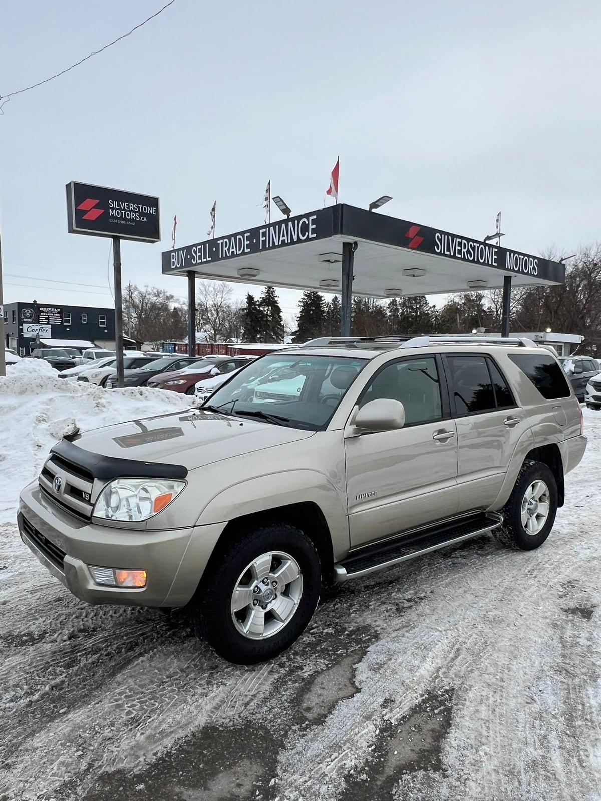 2003 Toyota 4RUNNER LIMITED V8 4WD Gold front three-quarter exterior view showing chrome alloy wheels and hood scoop at dealership lot.