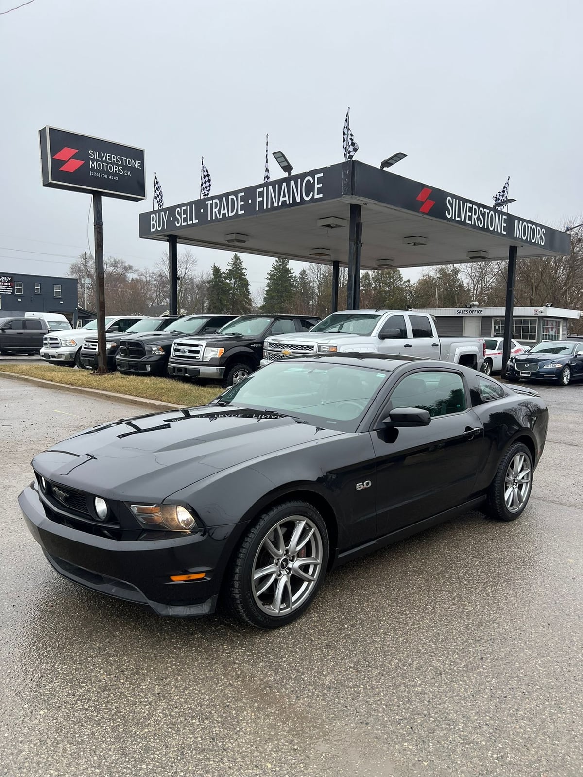 2012 Ford MUSTANG GT 5.0L COUPE 2DR BLACK front three-quarter exterior view with racing stripes and polished alloy wheels at dealership lot.